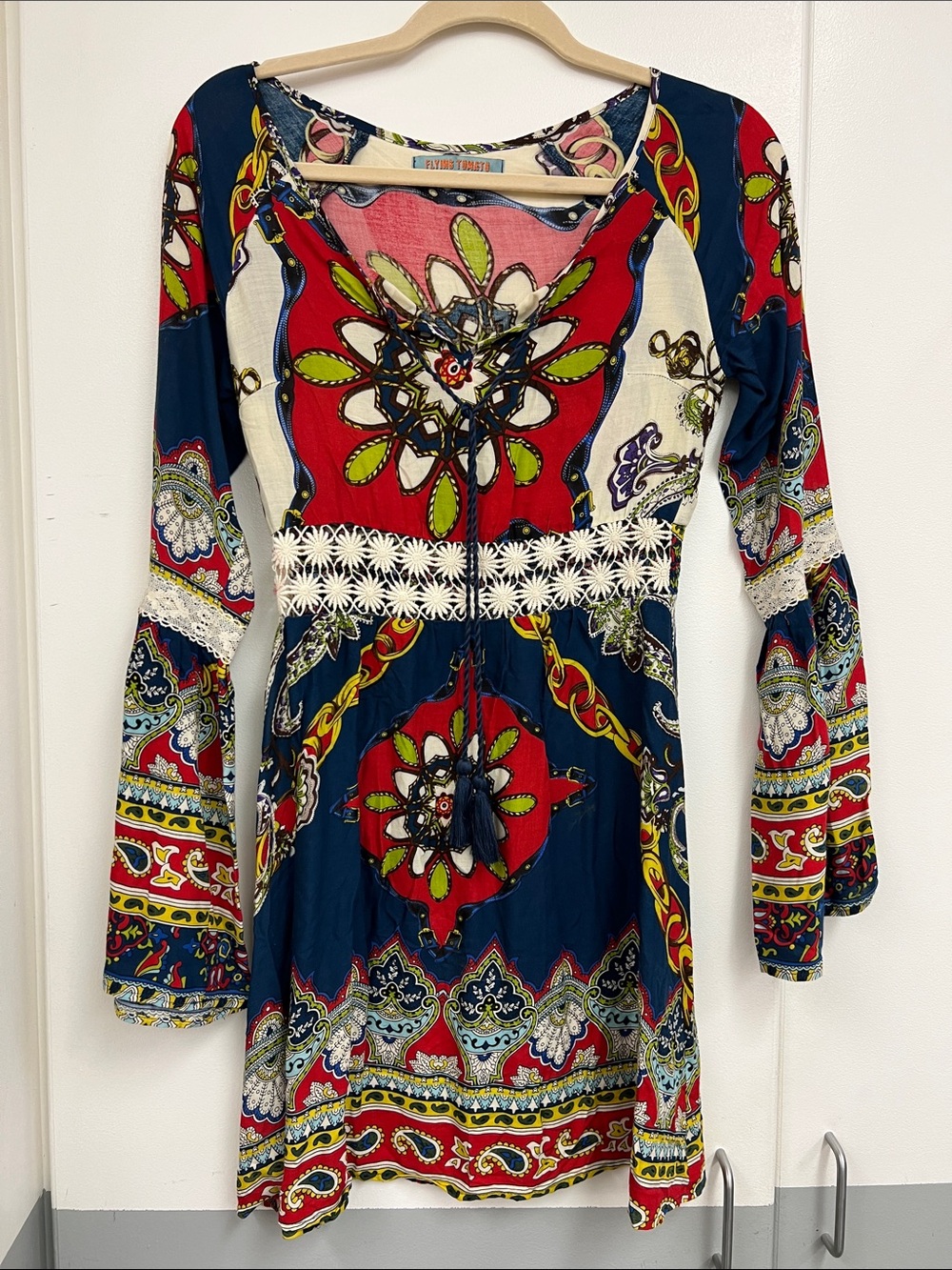 Flying Tomato Multicolor Floral Boho Hippie Long Sleeve Dress Crochet Accents